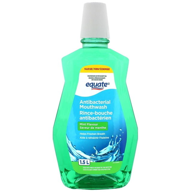 Equate Antibacterial Mouthwash, Original Mint Flavour, Value Size, 1.5L bottle with green translucent liquid and white child-resistant cap, front label highlighting antibacterial formula and breath freshening benefits in English and French, ideal for daily oral care use.
