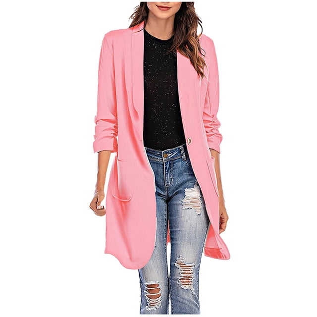 CEHVOM Women Button Pockets Three Quarter Sleeve Solid Office Coat Cardigans Suit Jacket Long Outwear