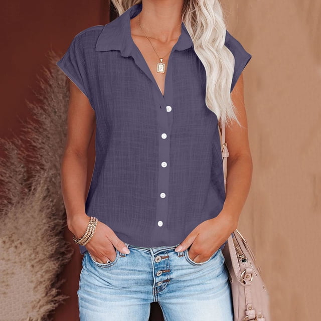asjyhkr Plus Size Womens Linen T Shirts Button down Short Sleeve Tshirt Summer Tops Loose Soft Tees