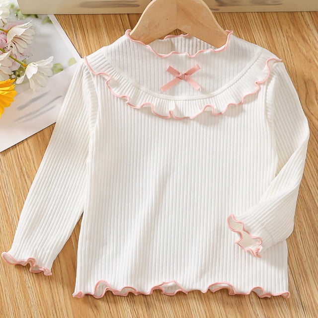 Cowsor Girls Soft Ribbed Peter Pan Collar Bow T-Shirt Sweet and Ribbed Knit Casua Cute Tops