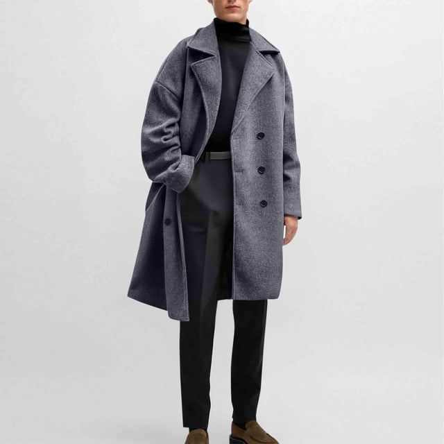 Yusimy Men's Slim Fit Wool Coat Mid-Length Double Breasted Solid Color Trench Coat Casual Versatile