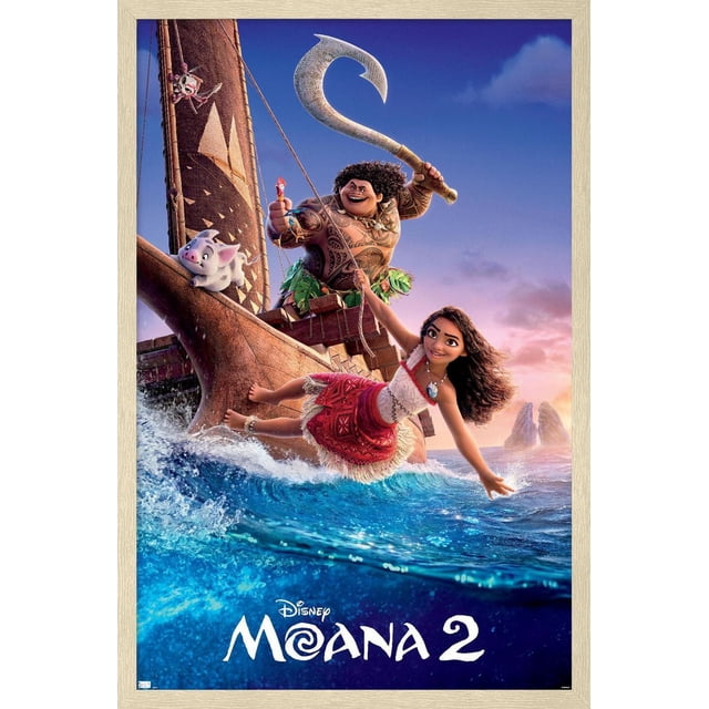 Disney Moana 2 - One Sheet Wall Poster, 22.375" x 34" framed, featuring animated characters on a wooden sailing canoe navigating ocean waves at sunset. The tattooed man wields a large fishhook while a girl in a red and white Polynesian outfit swings from a rope over the water. A pig and rooster are on the canoe, with rocky islands in the background. This framed wall art is ideal for bedrooms, offices, or dorm rooms.