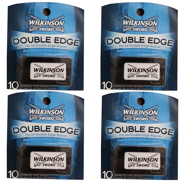 Wilkinson Sword Double Edge Razor Blades, 10 ct. (Pack of 4), shown in retail packaging. Each pack includes 10 stainless steel blades with a triple coating of chromium, ceramic, and PTFE for corrosion resistance, enhanced durability, and reduced skin irritation. These German-made blades are compatible with all standard double edge razors and provide a smooth, precise shave. The packaging features a blue design with the Wilkinson Sword logo prominently displayed.