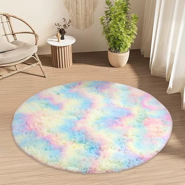 Hxlamzoo Fluffy Round Area Rug, Soft Tie Dye Rug, Shaggy Colorful Rug, for Bedroom, Living Room, Teen Dorm, Baby Nursery