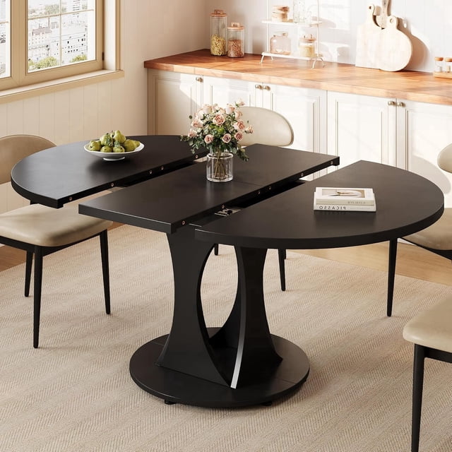 Virans 43.3"-59" Extendable Round Dining Table for 6-8,Kitchen Dining Table with Double Curved Base & Back Panel Buckle Top,Modern Circle Dinner Table for Kitchens,Dining Rooms,Living Rooms,Black