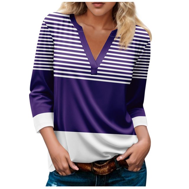 FAIWAD Hauts pour Femmes Classiques à Rayures Color Block T-Shirts Habillés Décontractés Col en V Manches 3/4 Blouses