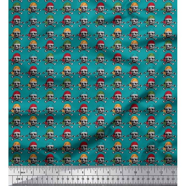 Soimoi Poly Georgette Fabric Crossbone & Skull Halloween Print Sewing Fabric Yard 52 Inch Wide