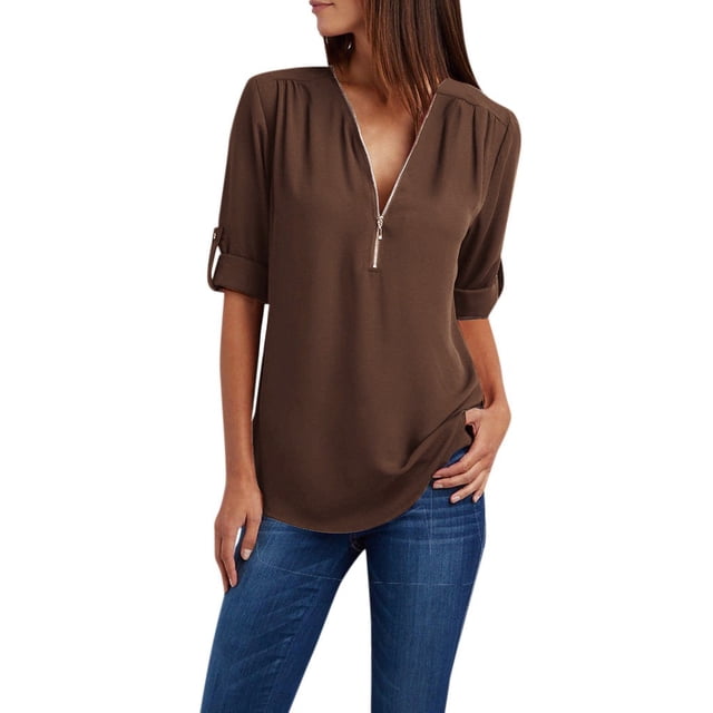 Women Ladies Zipper Button Long Sleeves Loose Chiffon Shirt Clothing