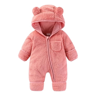 Lenpel Newborn Baby Fleece Jumpsuits Long Sleeve Zip up Fuzzy Hooded Rompers Plush Onesie Outwear Outfits with Pocket(Pink,9-12 Months)