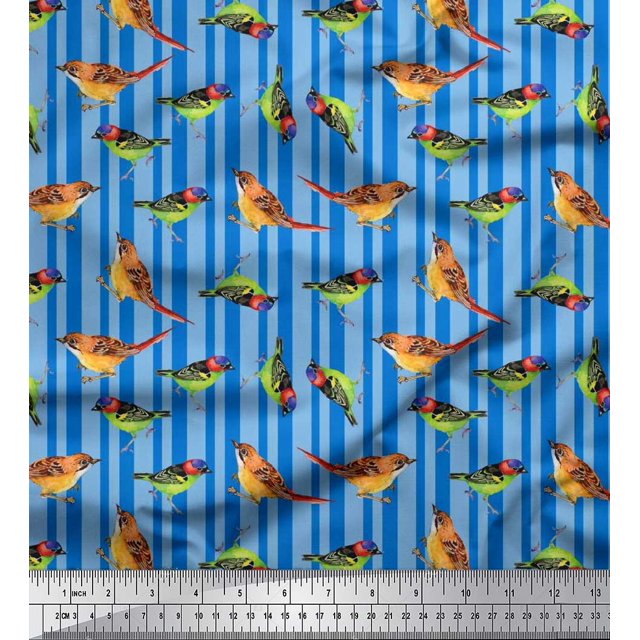 Soimoi Rayon Fabric Stripe & Sparrow Bird Fabric Prints by Yard 56 Inch Wide