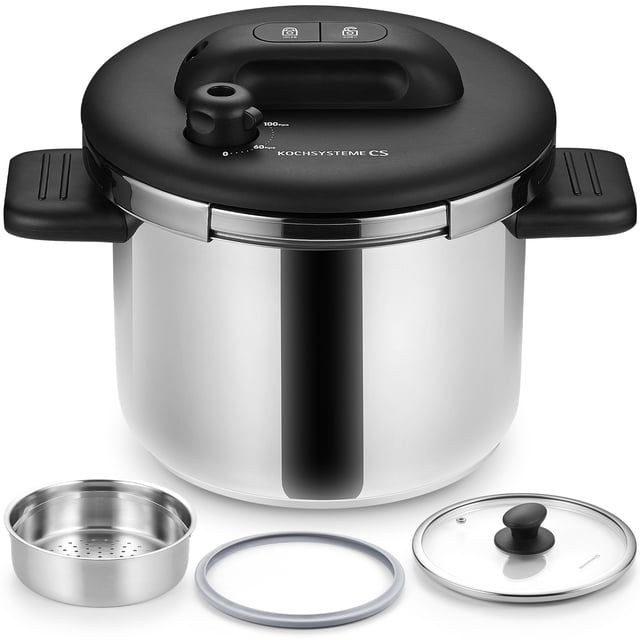 Koch Systeme CS 8.5-Quart Pressure Cooker with durable stainless steel body and black lid, featuring energy-saving 3-in-1 functionality as a pressure cooker, steamer, and simmer pot. Includes a secure lock lid, pressure regulator, and safety valve for worry-free cooking. Accessories shown include a stainless steel steaming basket, silicone gasket, and glass lid.