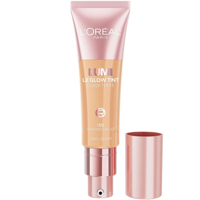 L'Oréal Paris Lumi Le Glow Tint skin tint foundation in shade 130 Warm, shown in a 25 ml tube with a rose gold pump dispenser and cap removed, featuring a water-based, lightweight liquid formula that delivers a radiant, second-skin finish with buildable coverage.