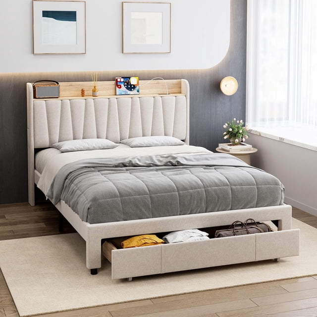 Garvee Queen Size Upholstered Bed Frame with Storage Headboard & Drawers, Charging Station, Noise-Free, Easy Assembly, No Box Spring Needed, Beige