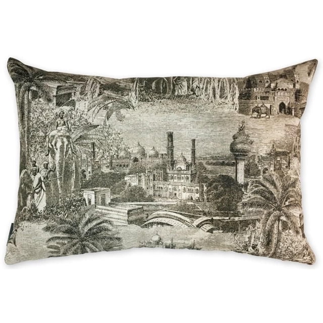 Homeport Kazinga Decorative Pillow, a rectangular grey throw pillow with a detailed sepia print of elephants, palm trees, and historic buildings, featuring a feather fill and removable cover, ideal for adding an exotic accent to sofas or beds.