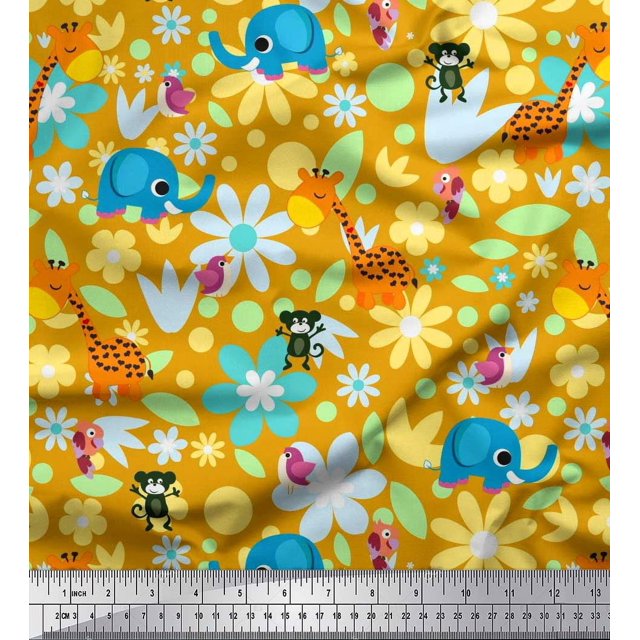 Soimoi Polyester Crepe Fabric Floral,Bird & Animal Cartoon Fabric Prints by Yard 42 Inch Wide