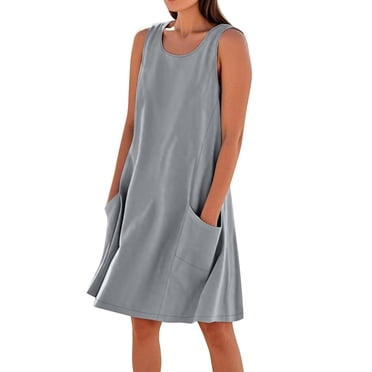 FAVIPT Robes en Lin pour Femmes Longues Décontractées Mode Fluides 2025 Robe Sans Manches Col en V Robes Élégantes Unies Confortables Amples Robe Maxi avec Poches Gris Foncé, TTG