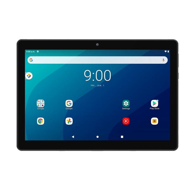 onn. 10.1-Inch LCD Touchscreen Android Tablet Pro in grey, front-facing with 1920x1200 resolution display showing Android 11 home screen, black bezel, and front camera at top center, suitable for everyday use, streaming, and mobile computing.