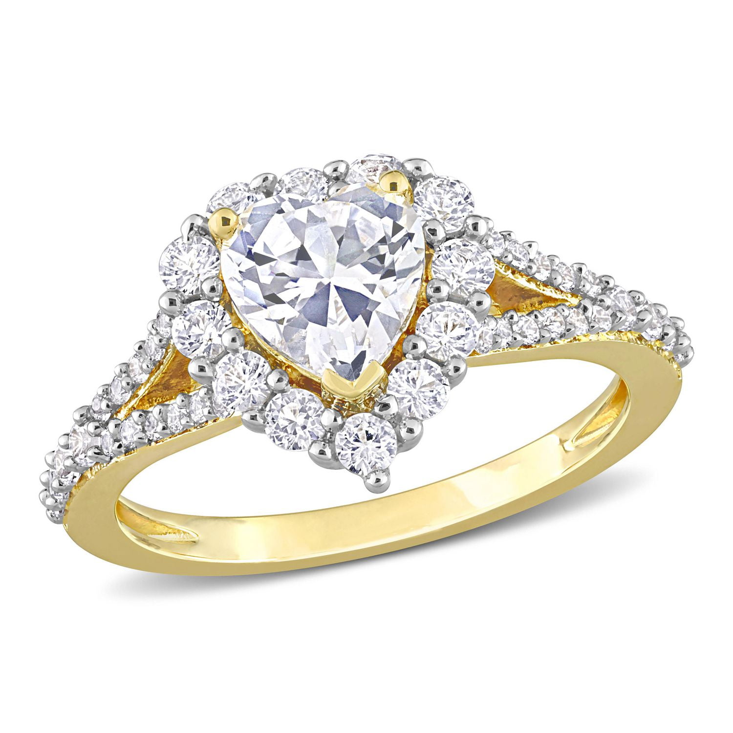 Bague de fiançailles auréole en forme coeur de Miabella avec 2-2/5 carat PBT de Saphir blanc synthétique en argent sterling plaqué jaune