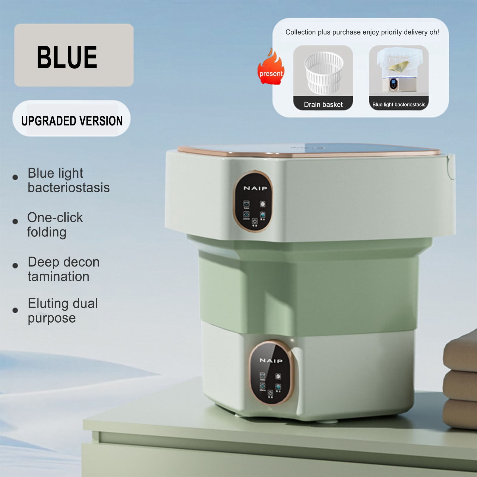 RRJ Portable Washing Machine, Foldable Mini Washer for Underwear Socks Delicates, Compact Laundry Machine for Travel Dorm Apartment, Handheld Electric Clothes Washer with Spin Dry Function