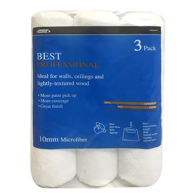 Pintar 10 mm Microfiber Best Rollers 3 pack with white microfiber roller covers in blue packaging, ideal for painting walls, ceilings, and lightly-textured wood, offering superior paint pick up, coverage, and a smooth finish suitable for drywall and textured surfaces.