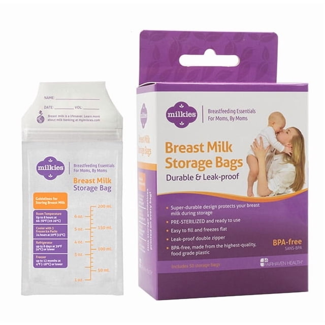 Milkies Breast Milk Storage Bags (50 ct) box and one storage bag shown, featuring reinforced sides to prevent breaking, leak-proof double zipper, pre-sterilized, BPA-free food grade plastic, and measurement markings in ounces and milliliters for easy and safe breast milk storage.