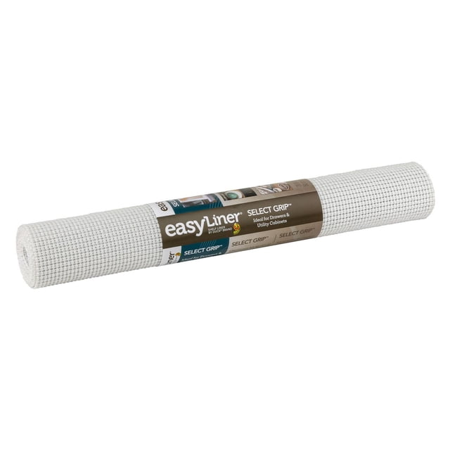 Select Grip EasyLiner Brand Shelf Liner in white, rolled with a textured non-adhesive grip surface, measuring 20 in. by 6 ft., ideal for kitchen drawer and utility cabinet organization, cushioning items and preventing scratches.