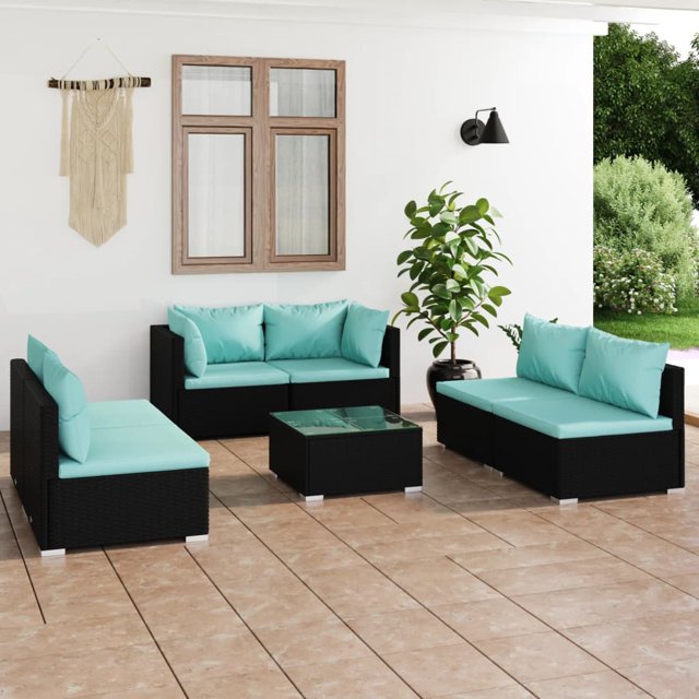 vidaXL Ensemble de Salon de Jardin 7 Pcs avec Coussins en Résine Tressée Noir