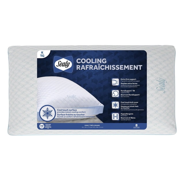 Sealy Cooling Extra Firm Support Cool Touch Bed Pillow, King size, rectangular with white textured fabric and subtle geometric pattern. It features a cool touch surface for instant cooling comfort, extra firm 2-inch gusset for support, DuraSupport fill for head and neck comfort, hypoallergenic fill and fabric, and is machine washable. Dimensions are 18 x 34 x 2 inches (45 x 86 x 5 cm).