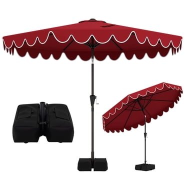 Costway Parasol de Patio 10 Pi avec Sacs de Sable à Base Lestée, Inclinaison à Bouton-Poussoir et Manivelle, Bourgogne