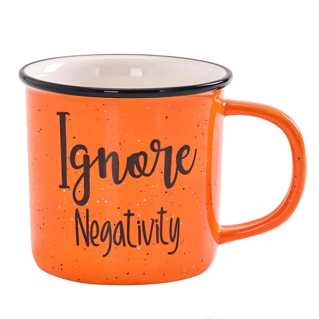 Mainstays Two Tone Ignore Negativity Ceramic Mug, 17.25 oz, orange ceramic coffee cup with black speckles and hand-painted black rim, featuring 'Ignore Negativity' text, microwave and dishwasher safe, ideal for hot beverages.