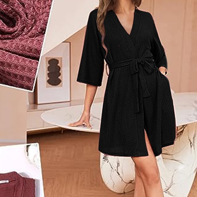 lSLJS Mode Femmes Uni Manches Longues Col en V Ceintures Poches Robe Bandage Chemises de Nuit, Peignoirs pour Femmes