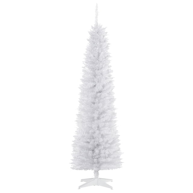 HOMCOM 6' Artificial Christmas Tree Xmas Slim Tree Holiday Décor in white, featuring a slim pencil style with realistic, full branches. The tree measures 72 inches in height and 21.75 inches in diameter, with 390 tips for a lush appearance. It includes a detachable, sturdy plastic base for stability and easy storage. Ornaments are not included.