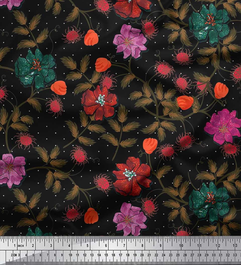 Soimoi Modal Satin Fabric Dot,Leaves & Flower Print Sewing Fabric Yard 42 Inch Wide