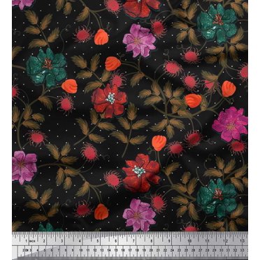 Soimoi Cotton Poplin Fabric Dot,Leaves & Flower Printed Fabric 1 Yard 42 Inch Wide