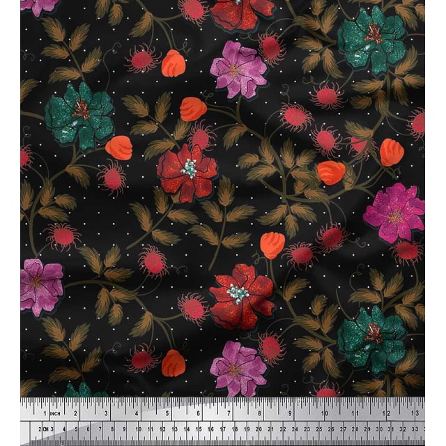 Soimoi polyester Crepe Fabric Dot,Leaves & Flower Decor Fabric Printed Yards 52 Inch Wide