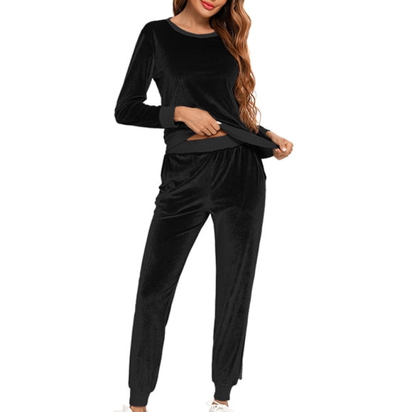 Mrat 2 Piece Active Suit Set Tracksuit Sets Womens Velour Sweatsuit Casual Loungwear 2 Piece Jogging Suits Velvet Pullover Solid Casual Sets S-63 Black XL
