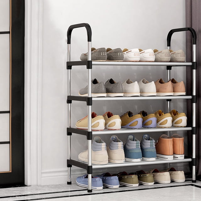 TopLLC Shoe Rack, a 4-layer multifunctional shoe rack made of durable plastic and wrought iron, designed for economical entrance assembly and dormitory storage. The rack features a space-saving design with ample storage for various shoe types, shown in a modern indoor setting with shoes neatly organized on each tier. The black and silver frame complements contemporary decor.