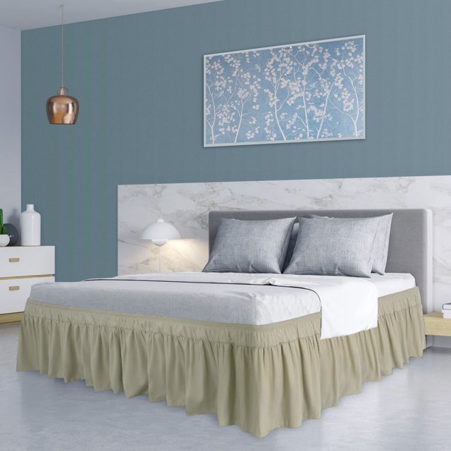 PiccoCasa Polyester Brushed Bed Skirt with Elastic Dust Ruffles 16" Drop, Queen Khaki