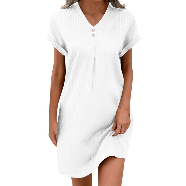 hotojiny Robes en Coton et Lin pour Femmes 2025 Amples à Boutons Col en V Robe T-Shirt Décontractée Unie à Manches Courtes Roulées Robes Mini de Plage