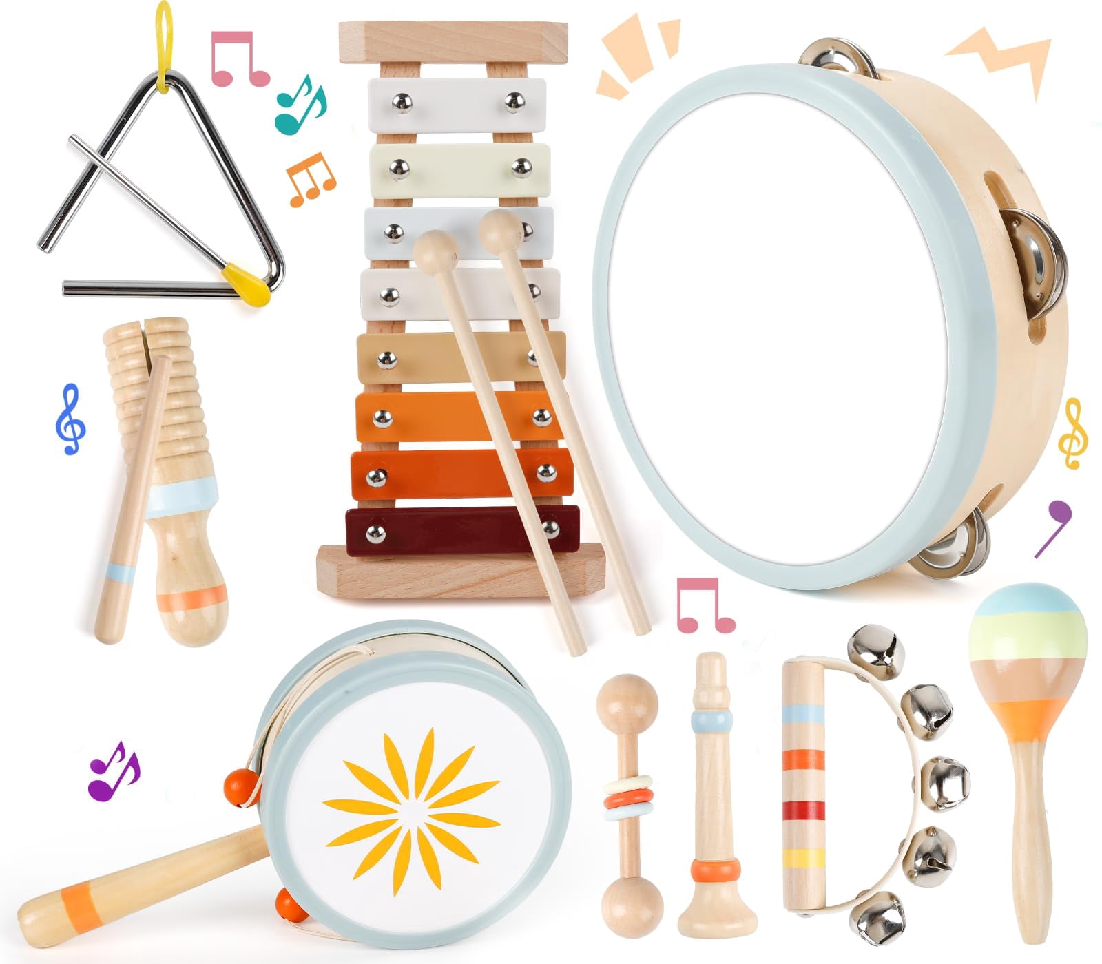 Toddler Musical Instruments-Montessori Wooden Educational Toys for Toddlers 1-3 Baby Musical Instruments Neutral Color Musical Instruments Set with Xylophone Maracas