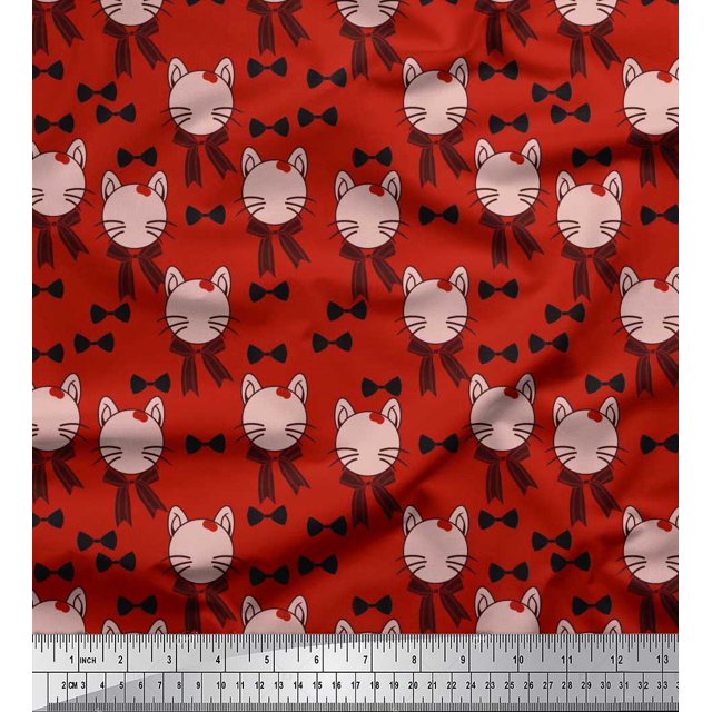 Soimoi Red Poly Georgette Fabric Bow & Cat Face Kids Decor Fabric Printed Yard 52 Inch Wide