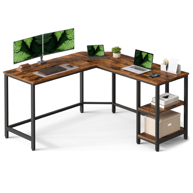 VASAGLE Computer Desk, L-Shaped Corner Desk, 138 x 138 x 76 cm, Gaming Desk, Workstation with 2 Storage Shelves for Home Office, Space-Saving, Easy to Assemble, Rustic Brown and Ink Black