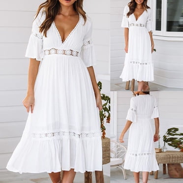 CEHVOM Robe Unie pour Femmes en Mousseline Ajourée à Manches Courtes, Col en V, Longue