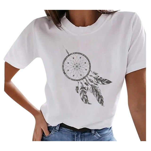Pompotops Women's Summer Vintage Printed Pattern Casual Short Sleeve Tops Blouse