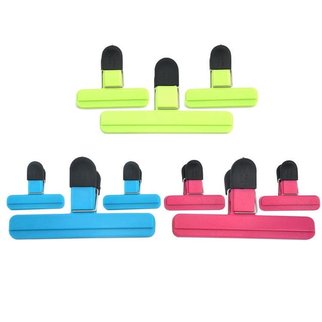 EGNMCR Chip Bag Clips Heavy Duty Food Clips in assorted colors, including green, blue, and pink, with black non-slip rubber handles. Designed for kitchen organization and food sealing, the set includes three large clamps and six small clamps made of ABS, metal, and rubber, ideal for sealing coffee bags, food storage, and general household use.