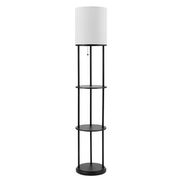 Globe Electric Reid 57.5" Shelf Metal Floor Lamp, Matte Black, White Linen Shade, Built-In Shelving Units, On/Off Pull Chain, 67042
