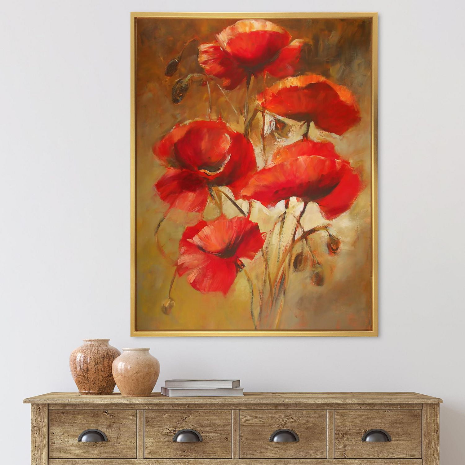 Designart Red Blossoming Poppies IV FLOAT FRAME WALL ART