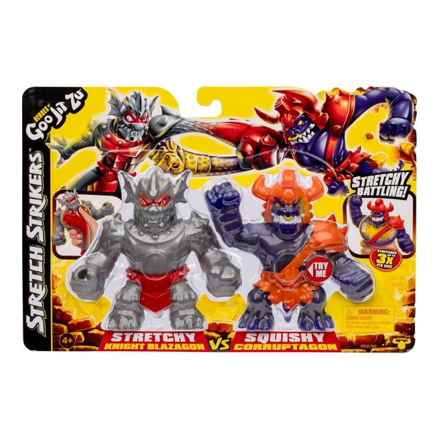 HEROES OF GOO JIT ZU Grattoirs Extensibles contre Ensemble KNIGHT BLAZAGON contre Gladiateur CORRUPTAGON Mettant en Vedette Deux Figurines d'Action dans un Emballage Jaune : un KNIGHT BLAZAGON Extensible Gris et Rouge et un CORRUPTAGON squishy Violet et orange, Tous Deux avec des Corps et des Membres Remplis de Glucides Qui s'Étirent jusqu'à Trois Fois Leur Taille, Conçus pour le Jeu au Combat et le Plaisir des Figurines d'Action de Collection.