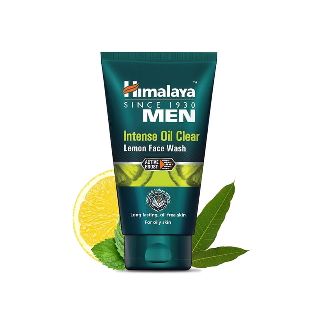 Himalaya Men Intense Oil Clear Lemon Face Wash, 50ml each (Pack of 2). The image displays a dark green tube with yellow and white text, showcasing the product name and Active Boost technology. The tube is set against a white background with a lemon slice and green leaves, emphasizing its lemon and Indian willow ingredients.