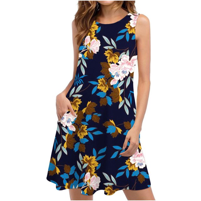 EGNMCR Robes d'Été Femmes Tendance 2024 Robes d'Été pour Femmes Plage Floral T-Shirt Robe Soleil Décontractée Poches Boho Robe Débardeur